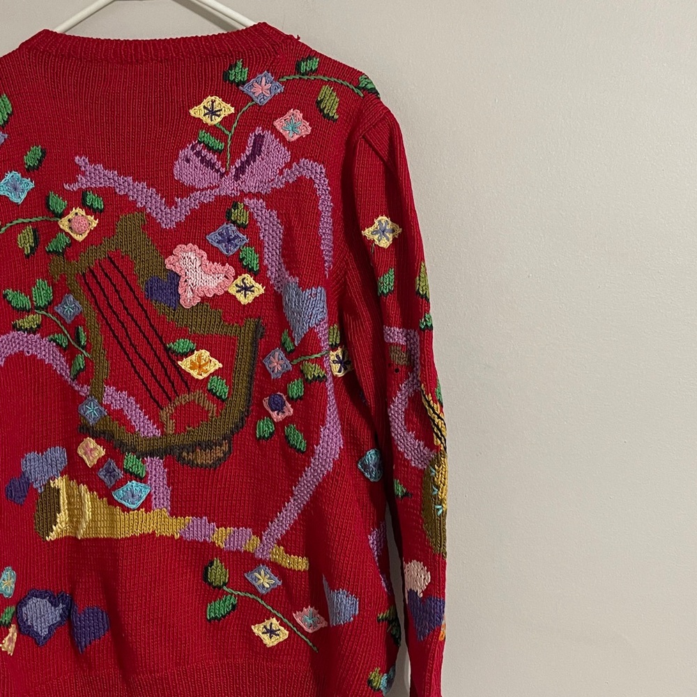 Vintage Berek Bergdorf Goodman red knit whimsical grandmacore cardigan sweater M - Picture 6 of 9
